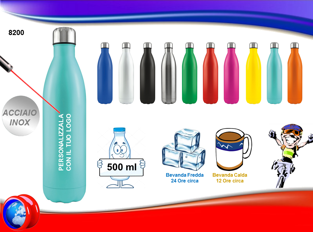 BORRACCIA TERMICA IN ACCIAIO INOX A DOPPIA PARETE E TAPPO A VITE