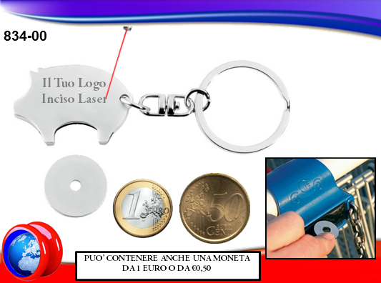 PORTACHIAVI A FORMA DI MAIALINO CON GETTONE PER IL CARRELLO DELLA SPESA