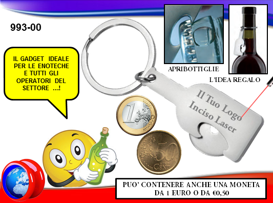 Portachiavi "Trio" a Forma di Bottiglia dotato di Apribottiglie e Gettone per carrello spesa