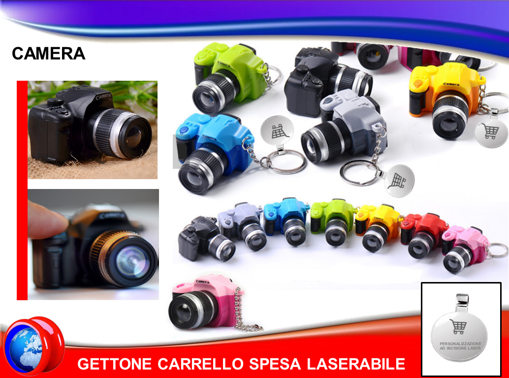 PORTACHIAVI  MACCHINA FOTOGRAFICA CON EFFETTO FLASH E RUMORE FOTO CON GETTONE PER IL CARRELLO