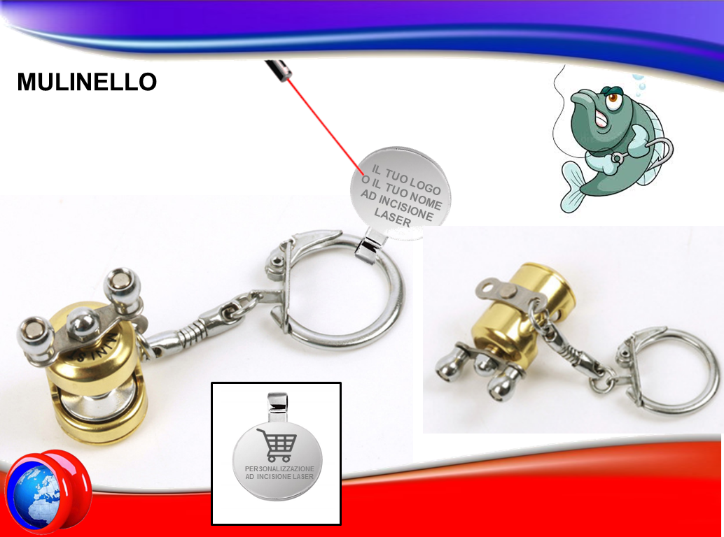PORTACHIAVI A FORMA DI MULINELLO DA PESCA CON GETTONE CARRELLO SPESA